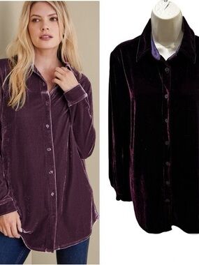 Soft Surroundings Velvet Button-Down Shirt in Plum